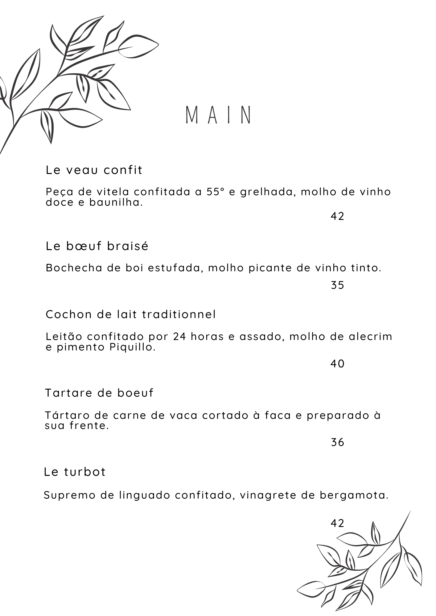 Menu de pratos principais